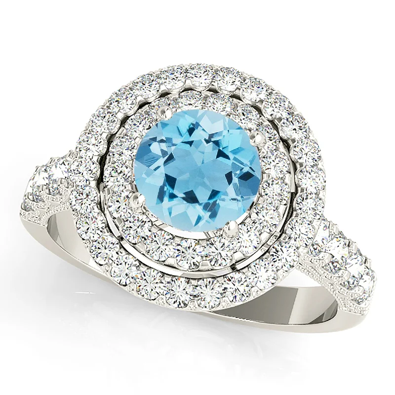 1.10 ct. Genuine Aquamarine Ring with Double Row Halo And  Milgrain Design