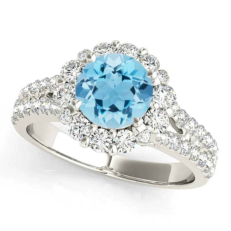 1.75 ct. Genuine Aquamarine Ring With Halo And Small V Shape Split Diamond Band