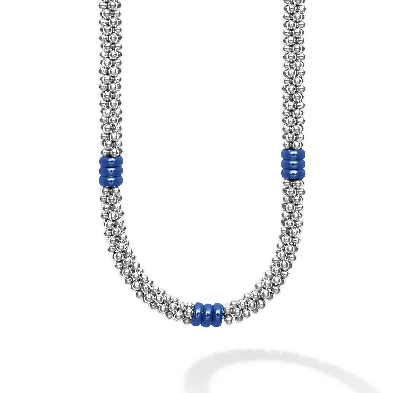 luxury pendant necklaces for women-Blue Caviar Ultramarine Ceramic Three Bead Station Caviar Necklace