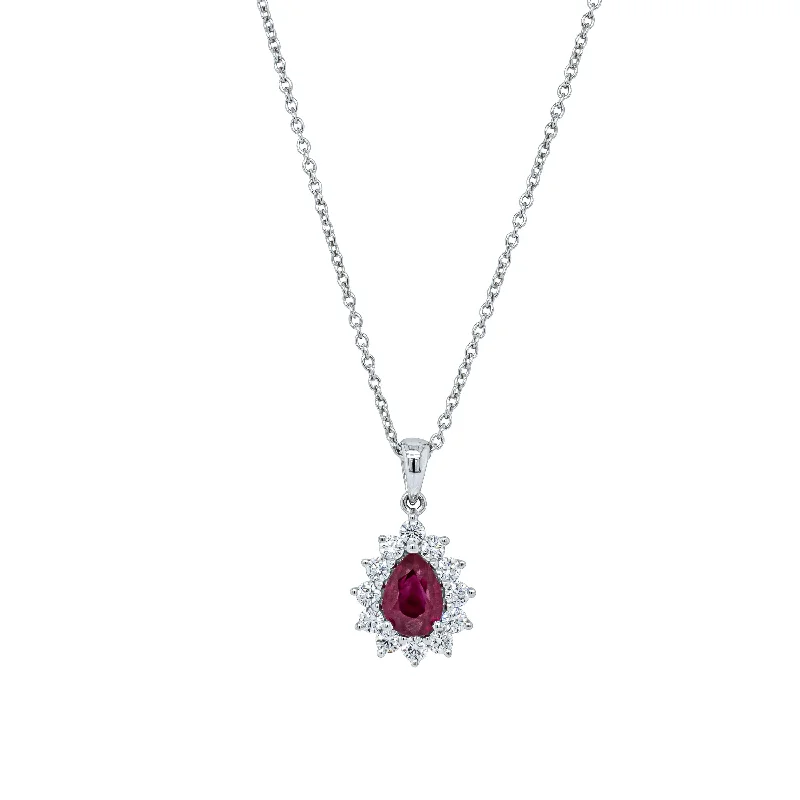 wedding pendant necklaces for women-18ct White Gold 1.03ct Ruby & Diamond Halo Pendant