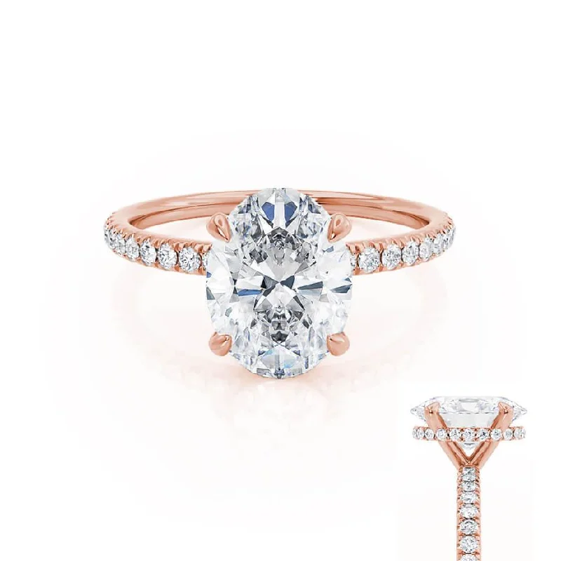 engagement rings for women-LIVELY - Oval Moissanite & Diamond 18k Rose Gold Petite Hidden Halo Pavé Shoulder Set Ring