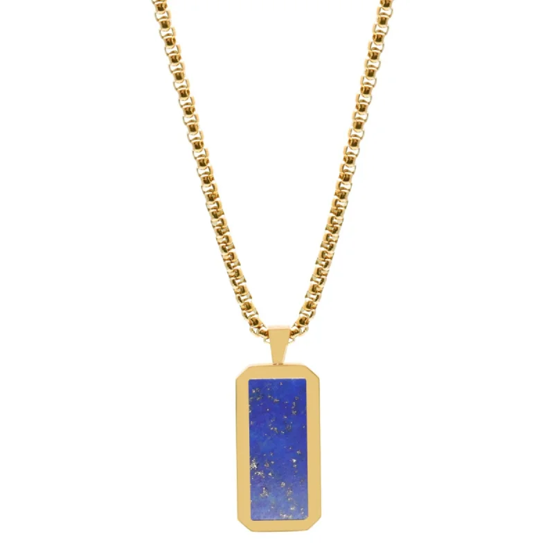 simple chain necklaces for women-Golden Necklace with Rectangle Lapis Lazuli Pendant