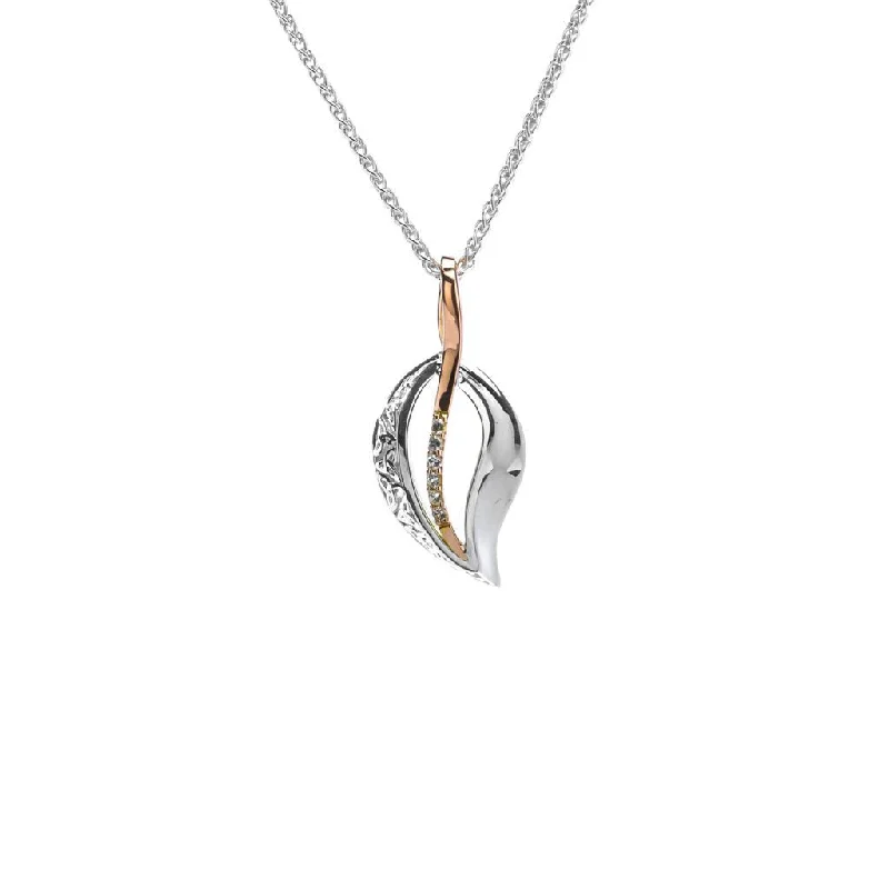 custom necklaces for women-Silver and 10k Rose Gold Trinity Leaf Pendant-White Sapphire- Small