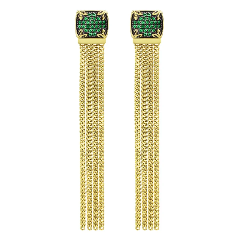 boho earrings for women-Possibility Pavé Tassel Earring Long - 18K Gold Vermeil + CZ Vert