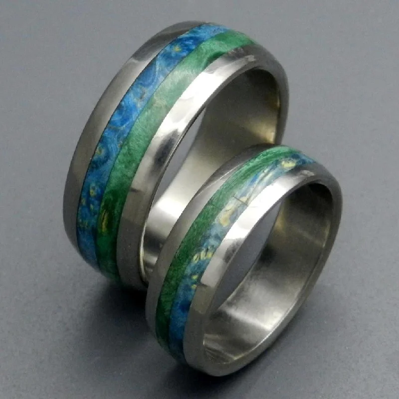 Bliss | Blue Box Elder Wood & Titanium - Wedding Ring Sets - Unique Wedding Ring