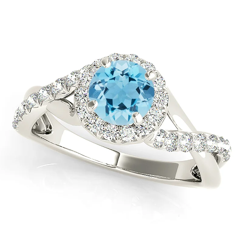 1.00 ct. Genuine Aquamarine Ring With Halo, Solid Gold And Diamond Twist Band