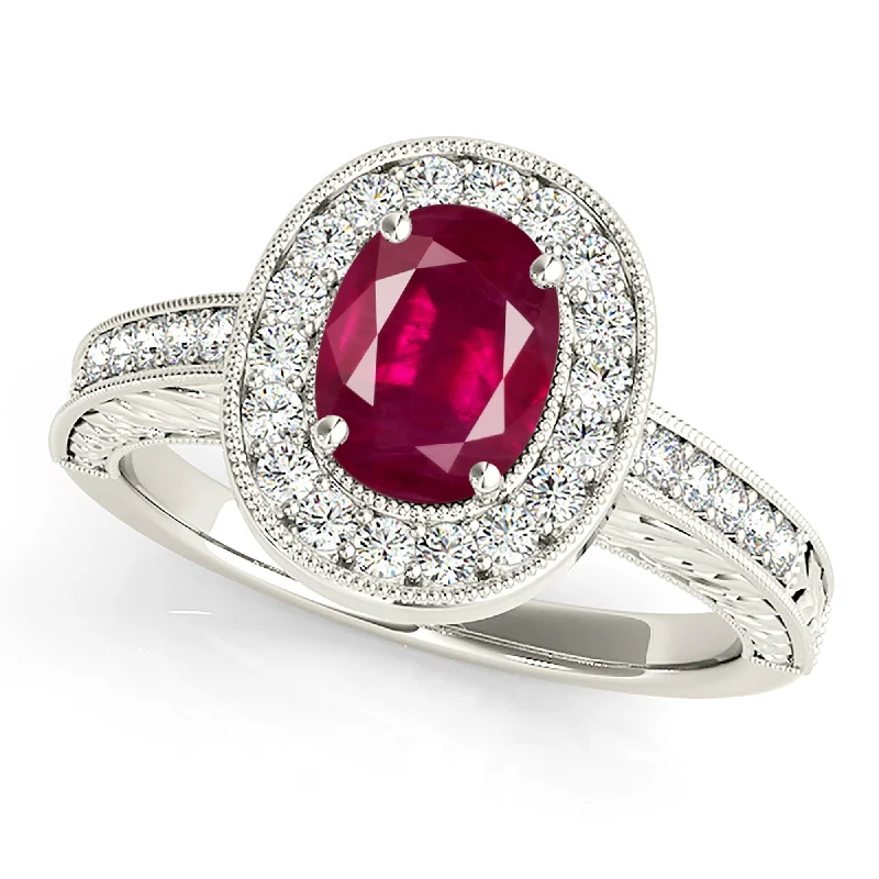 2.10 ct. Genuine Oval Ruby Ring with  Halo And Filigree Diamond Band