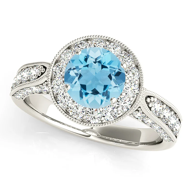 1.10 ct. Genuine Aquamarine Ring With Milgrain Halo And 3D Diamond Band