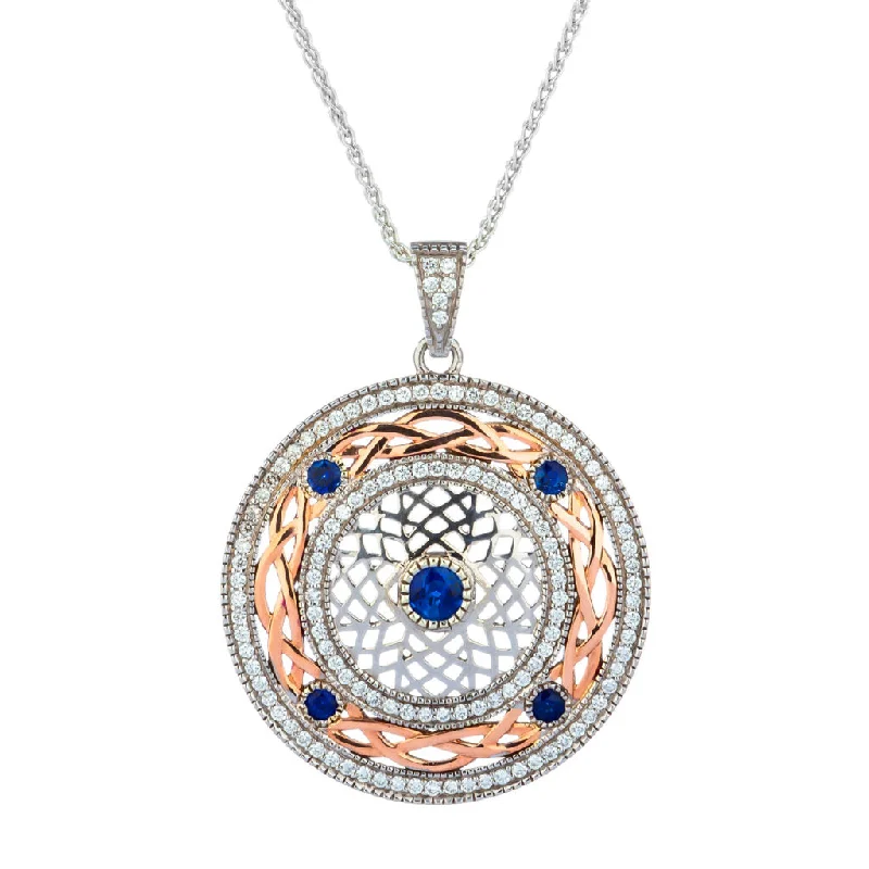 boho necklaces for women-10k White and Rose Gold Diamond and Ceylon Vivid Blue Sapphire Brave Heart Pendant