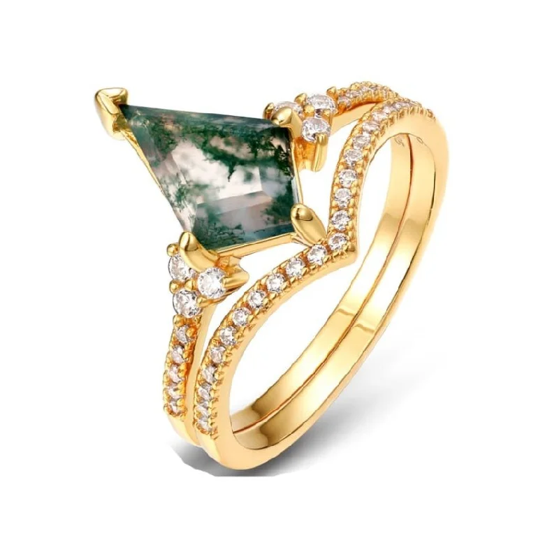 Kite Shaped Natural Moss Agate Promise Ring Set