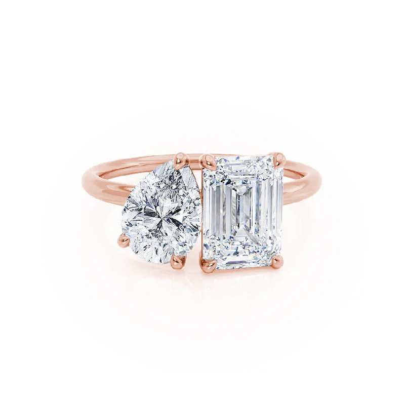 wedding band engagement rings for women-COMET - Toi Et Moi Moissanite Emerald & Pear Cut Ring 18k Rose Gold