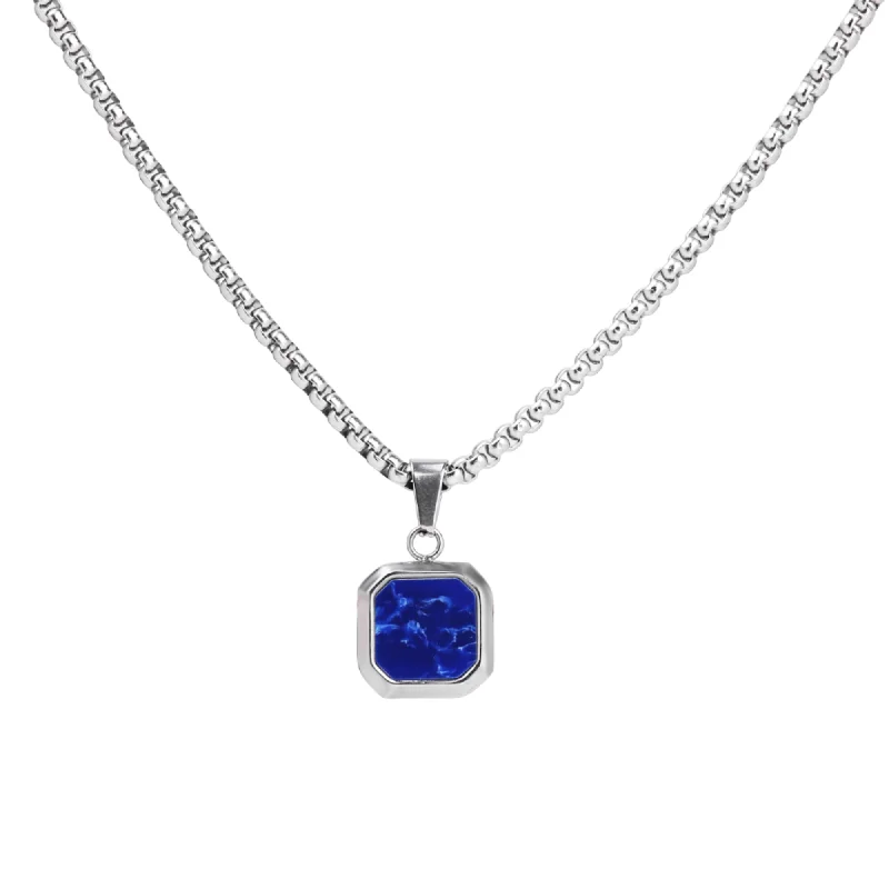 luxury gold necklaces for women-Silver Necklace with Square Lapis Lazuli Pendant