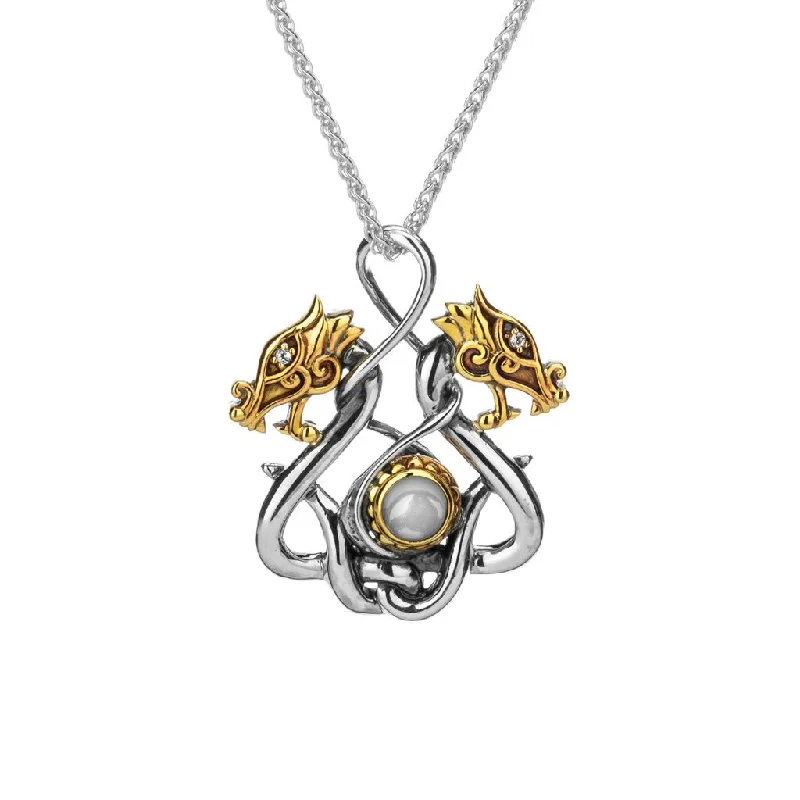 heart-shaped necklaces for women-Silver and 10k Gold Double Headed Dragon Pendant - White Topaz