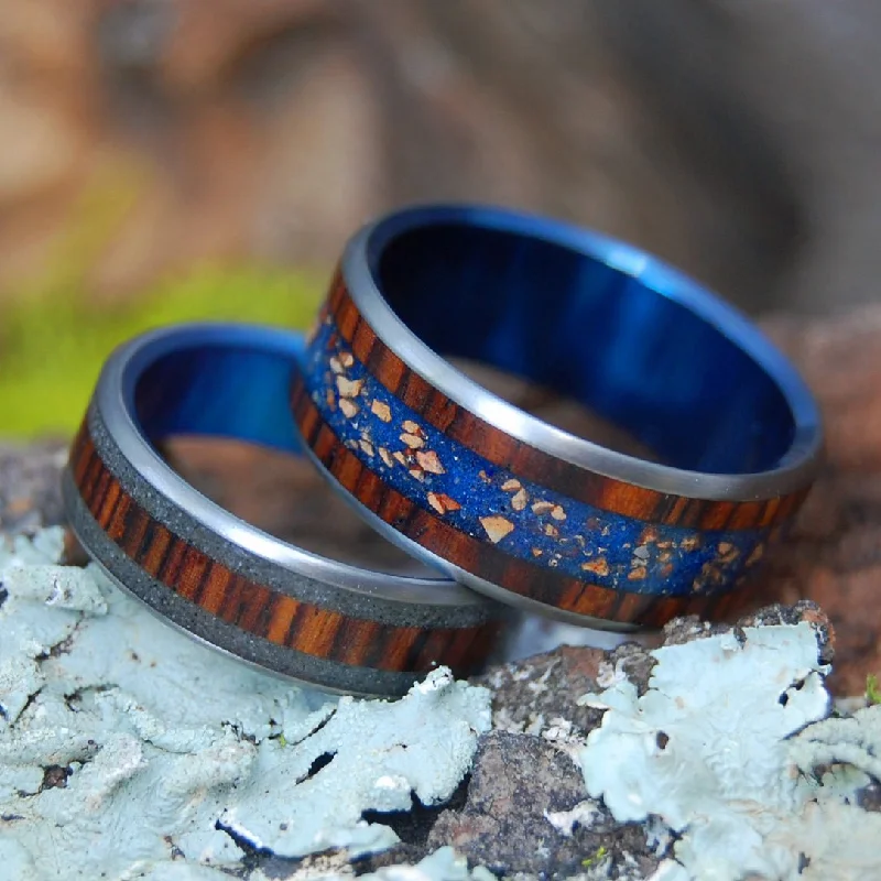 We Have It All | Beach Sand, Fenway Park Flecks & Cocobolo Wood - Titanium Wedding Ring Set