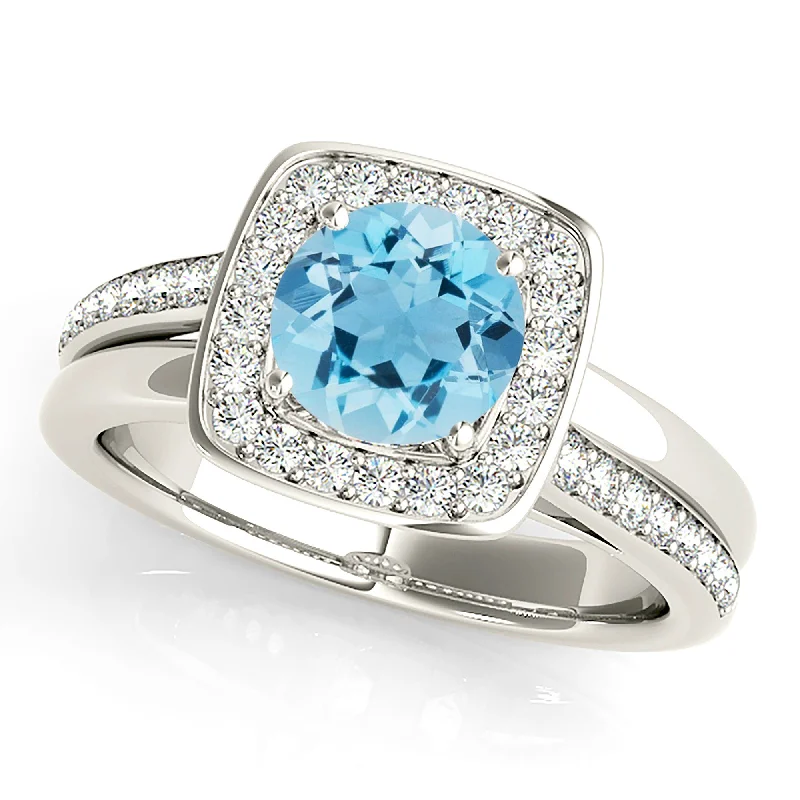 1.10 ct. Genuine Round Aquamarine Ring With Bezel Set Square Halo