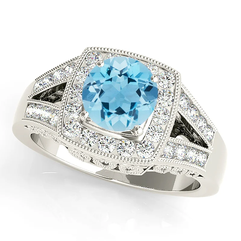 1.65 ct. Genuine Aquamarine Ring With Cushion Halo And Fancy Filigree Diamond