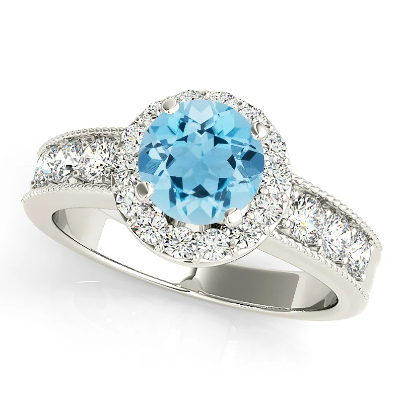 1.10 ct. Genuine Aquamarine Ring With Halo And Milgrain Diamond Band