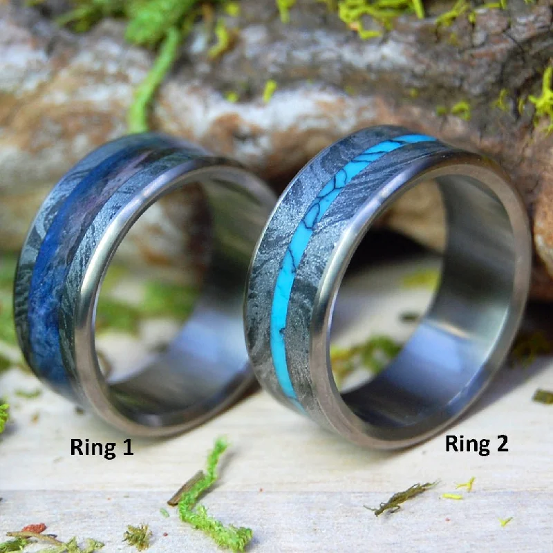 I Desire You & Desirous | Turquoise & Black Silver M3 Mokume Gane, Blue Box Elder Wood - Titanium Wedding Ring