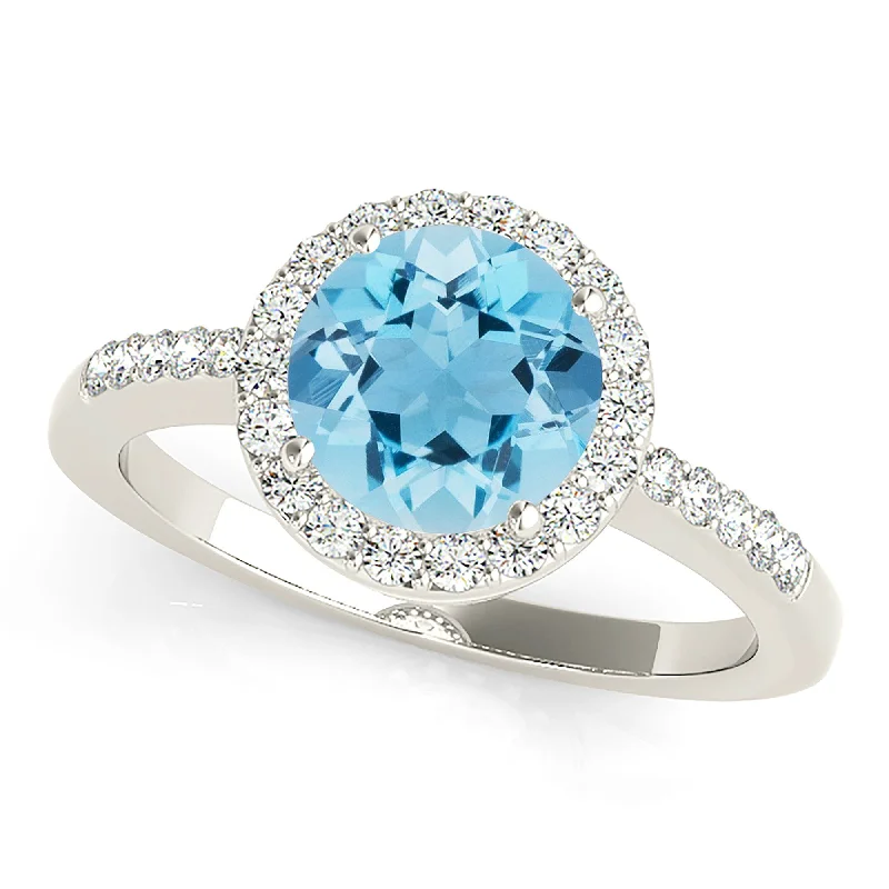 2.00 ct. Genuine Aquamarine Ring With Halo, Delicate Diamond Band