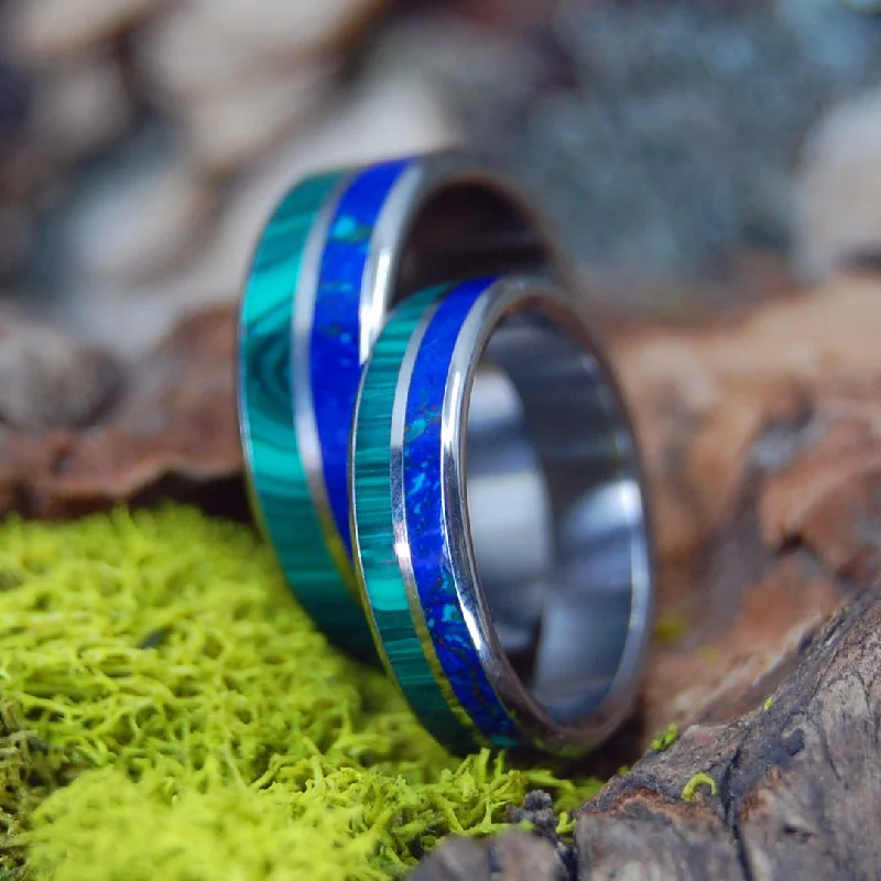 Can't Hold Us Back | Malachite Stone, Azurite Stone & Titanium - Unique Wedding Ring - Wedding Ring Set