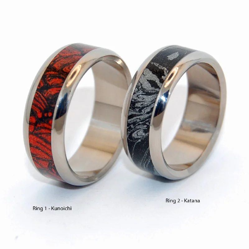 Katana Red & Black |  M3 Mokume Gane & Titanium - Black Wedding Ring - Unique Wedding Ring Sets