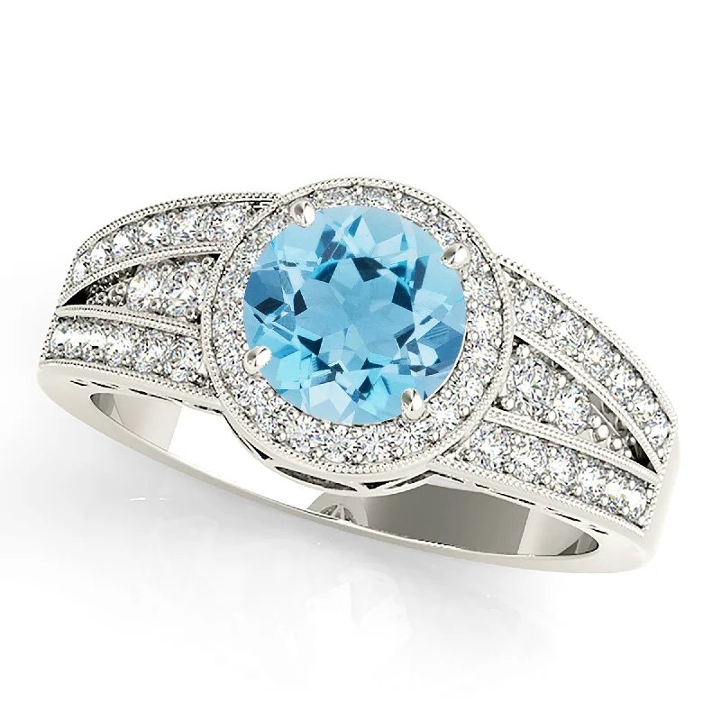 1.10 ct. Genuine Aquamarine Ring With Halo, Graduating Diamond Band