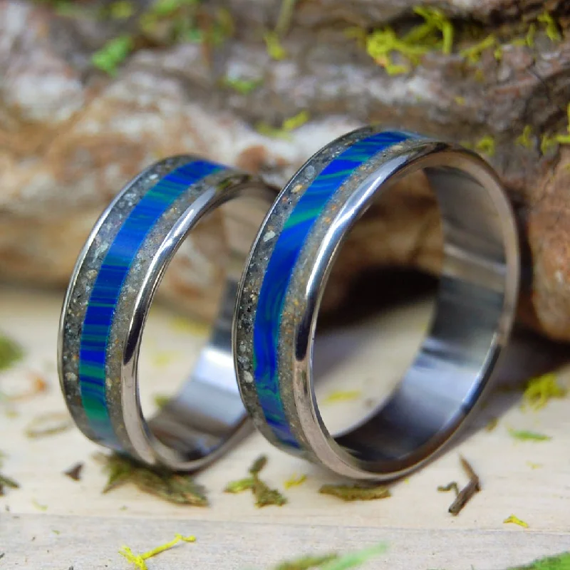 Ode To The Australian Ferrymen | German Earth And N. Queensland Sand - Titanium Wedding Ring Set