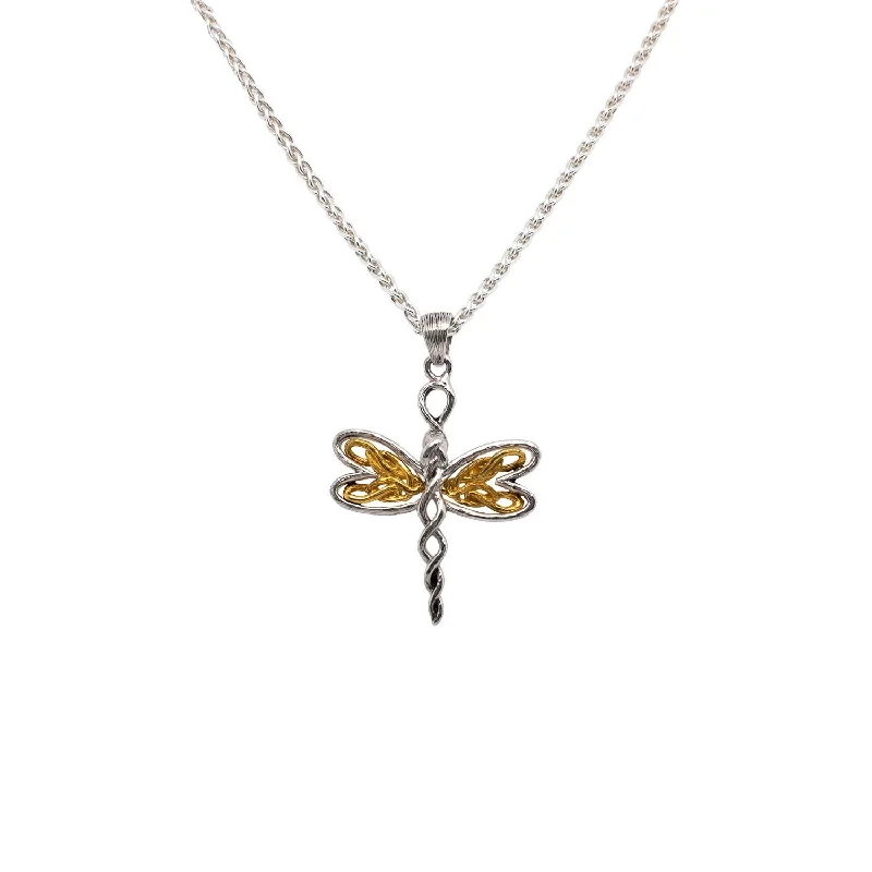 trendy necklaces for women-Silver and 10k Yellow or Rose Gold Dragonfly Petite Pendant