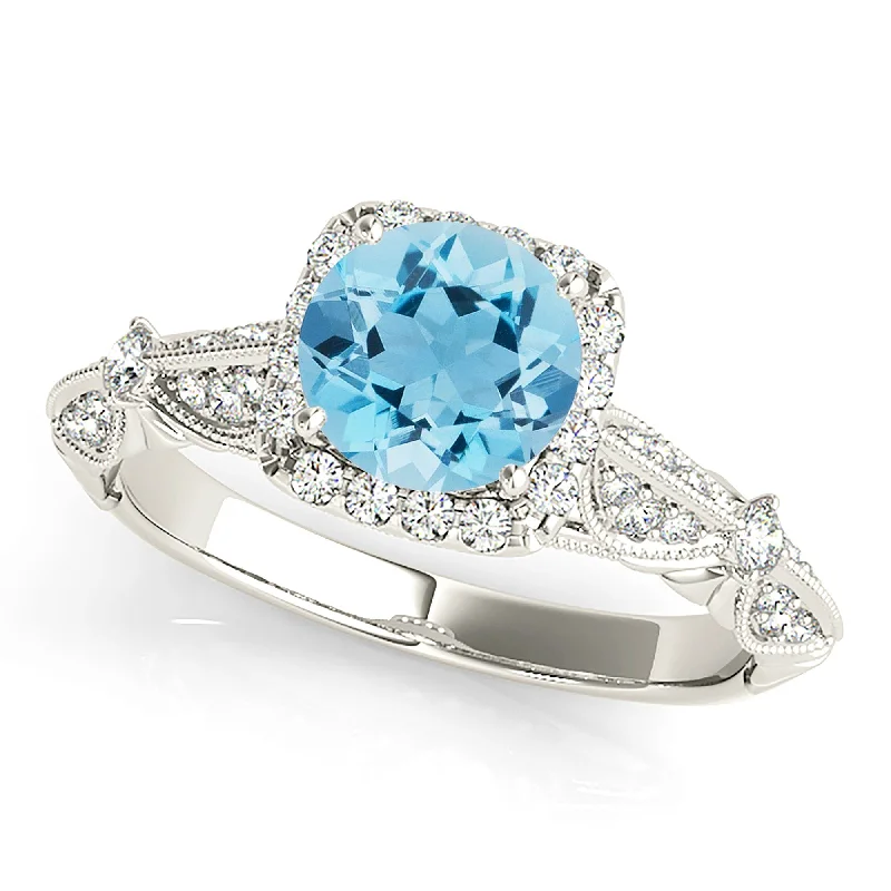 1.10 ct. Genuine Round Aquamarine Ring With Cushion Halo,  Milgrain band