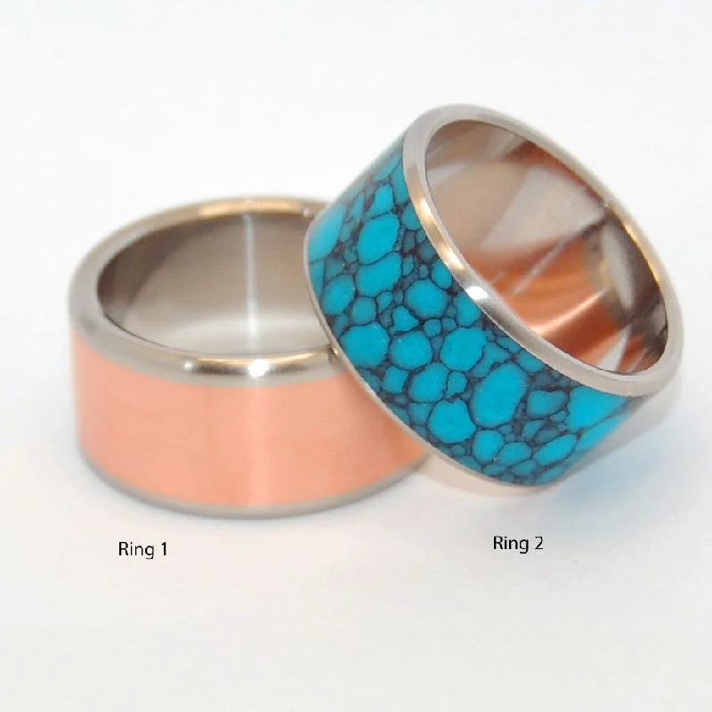 New Spin Old Earth | Copper &turquoise Stone Titanium Wedding Ring Set