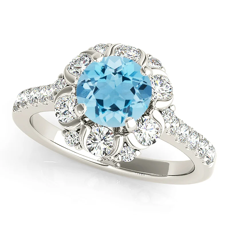 1.10 ct. Genuine Aquamarine Ring With Floral Halo, Fancy Diamond Basket