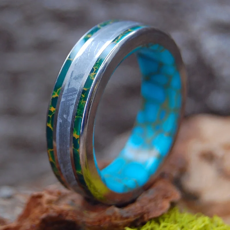 Jungle Meteorite | Men's Meteorite, Tibetan Turquoise, Egyptian Jade & Titanium Wedding Ring