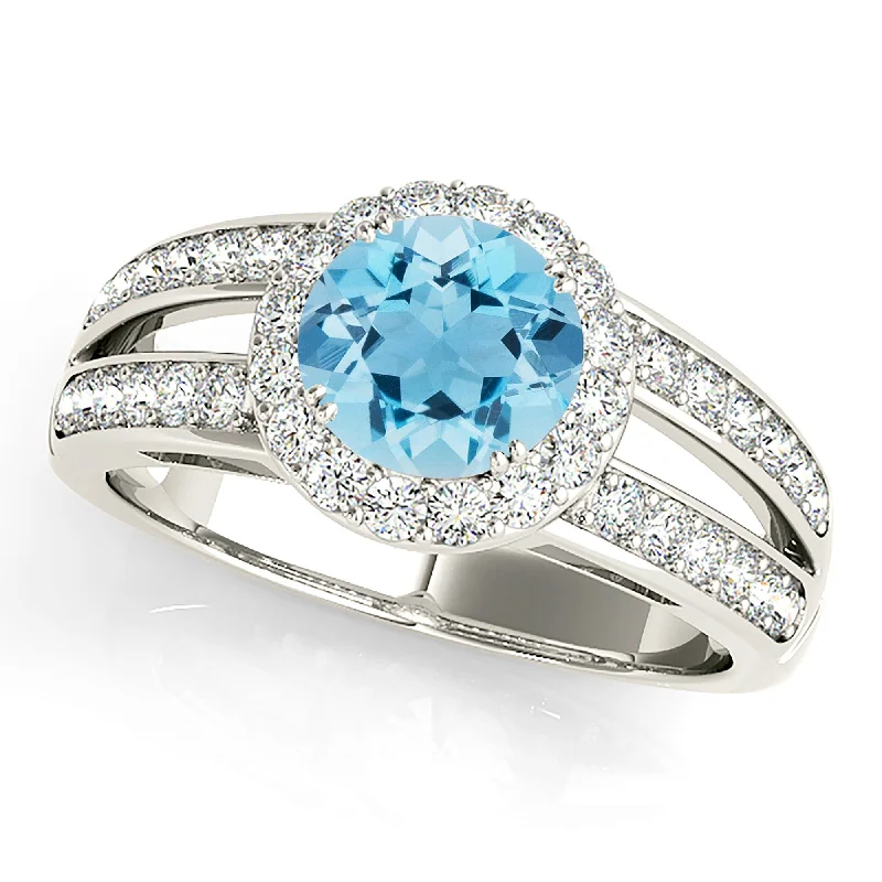 1.10 ct. Genuine Aquamarine Ring With Halo And Split Diamond Band