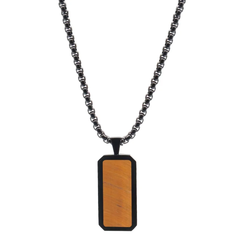 luxury pendant necklaces for women-Black Necklace with Rectangle Tiger Eye Pendant