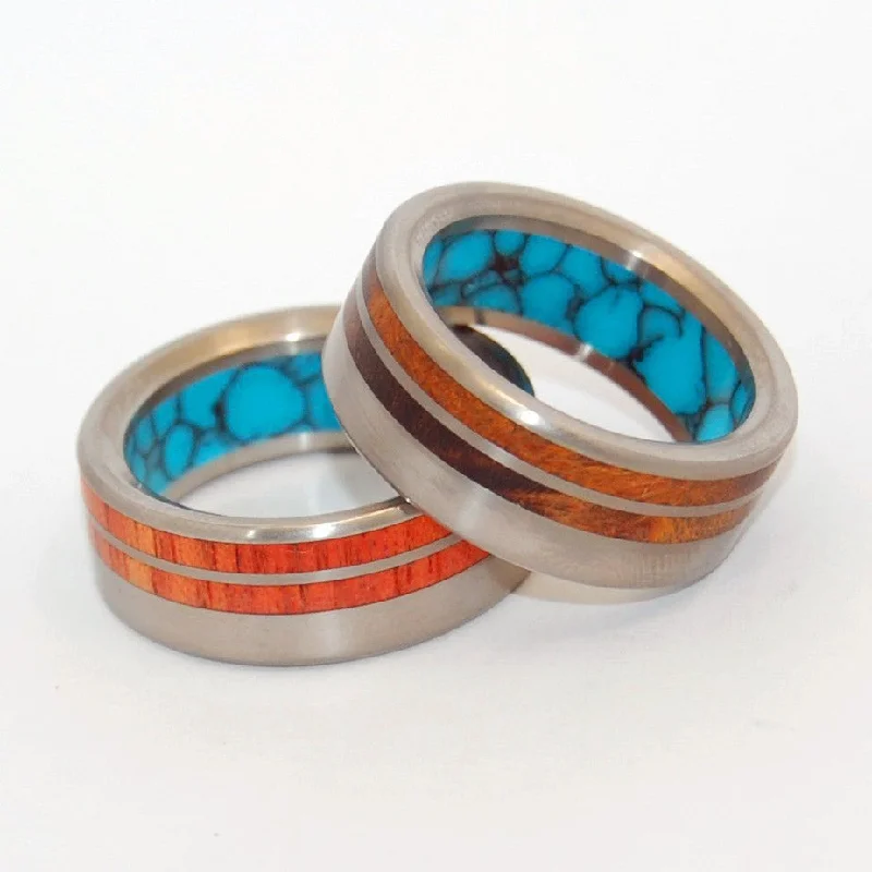 Meant To Be | Tulip Wood, Ironwood, Turquoise & Titanium - Unique Wedding Ring Set