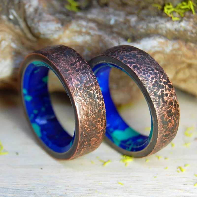 Beaten Azurite Malachite | Hand Beaten Copper & Azurite Malachite Stone - Unique Copper Ring