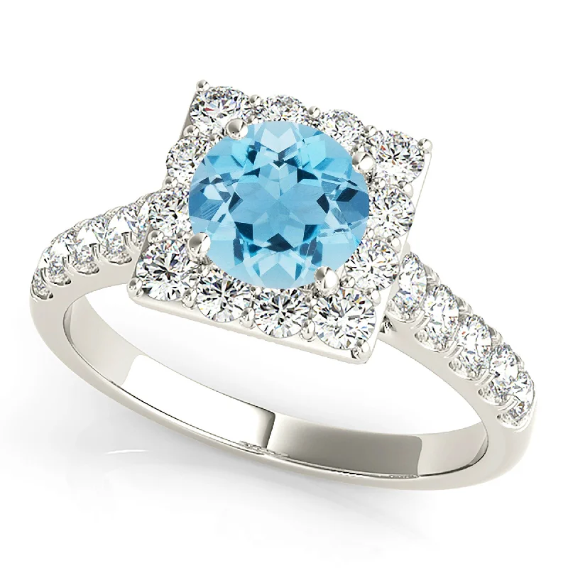 1.10 ct. Genuine Aquamarine Ring With Square Halo And Diamond Band