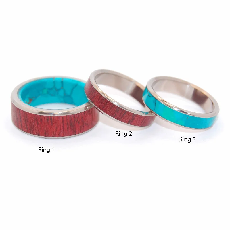 Promised Land | Purple Heart Wood & Chrysocolla Stone - Titanium Engagement And Wedding Band Set