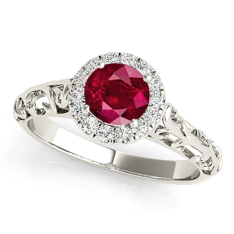 1.15 ct. Genuine Ruby Ring With Halo , Hand Caved Filigree Fancy Band