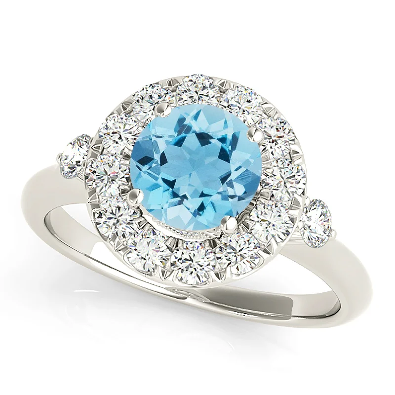 1.10 ct. Genuine Aquamarine Ring With  Halo And Two Side Round Diamonds