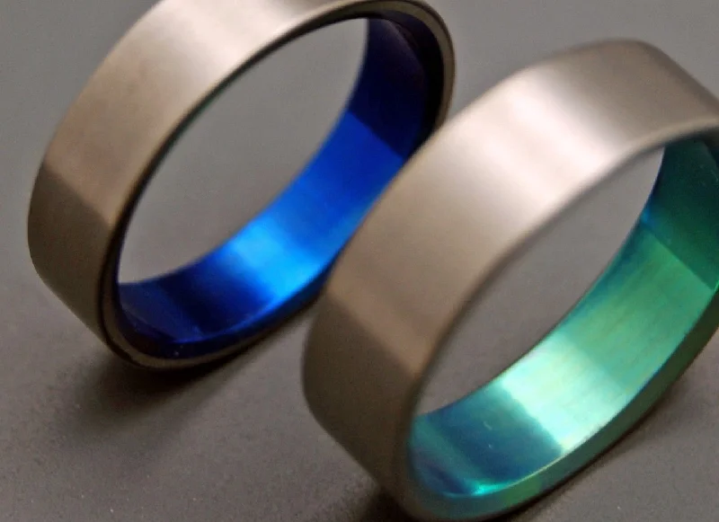 Simple Satin Green Blue | Hand Anodized Titanium - Unique Wedding Ring - Wedding Ring Sets