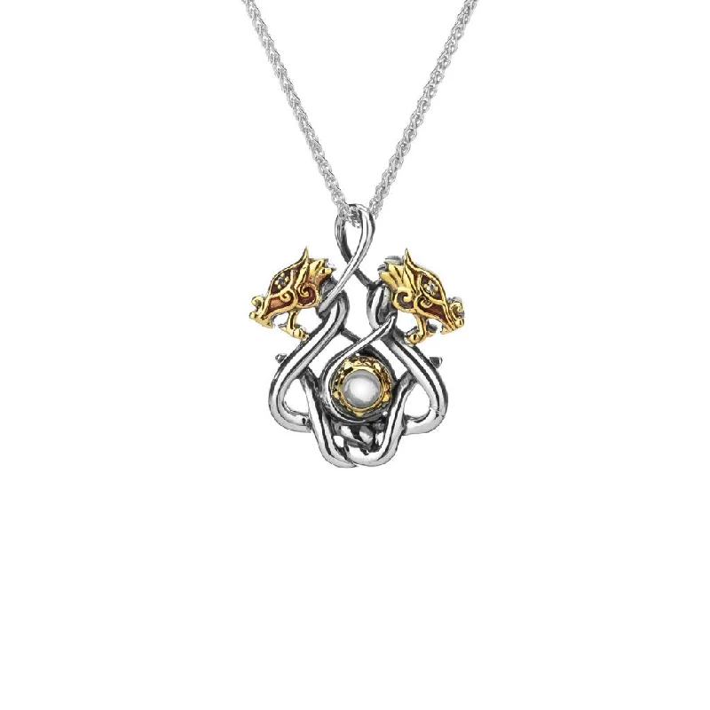 statement necklaces for women-Silver and 10k Gold Double Headed Dragon Pendant Small - White Topaz