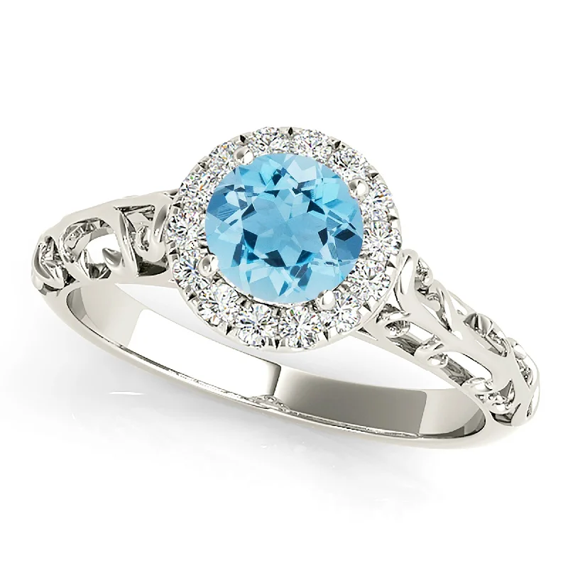 1.00 ct. Genuine Aquamarine Ring With Halo, Floral Basket Band