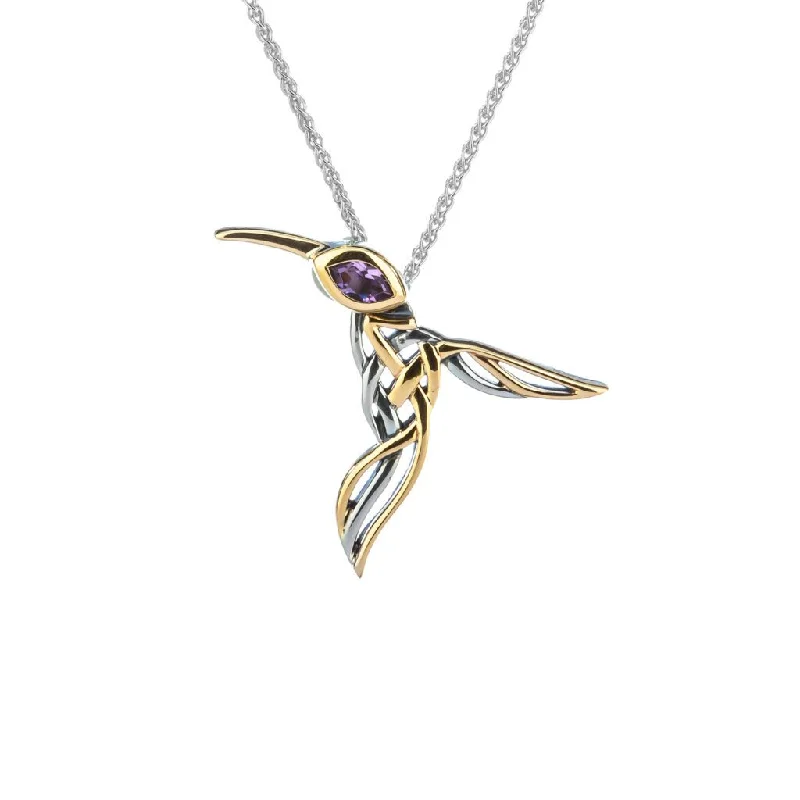 mother's day necklaces for women-Silver and 10k Gold Hummingbird Pendant-Amethyst/Blue Topaz/White Cubic Zirconia/Rhodolite