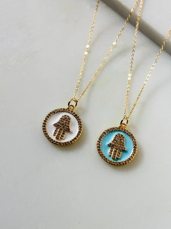 delicate necklaces for women-Enamel Hamsa Coin Necklace