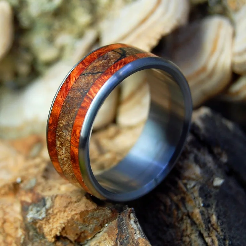 Corner Of His Heart | Men's Spalted Maple, Amboyna Burl & Titanium Wedding Ring