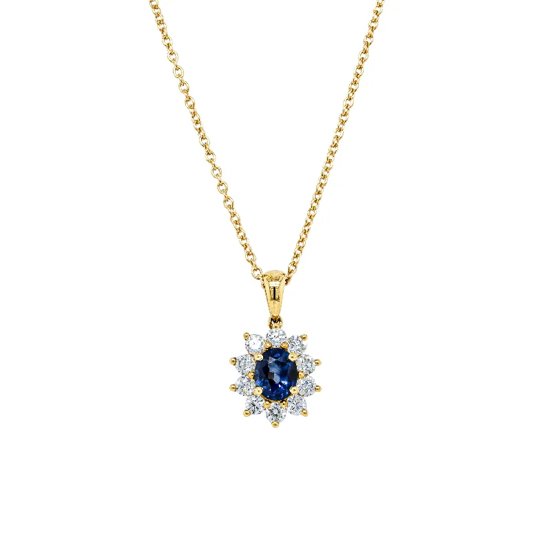 long necklaces for women-18ct Yellow Gold .63ct Sapphire & Diamond Halo Pendant