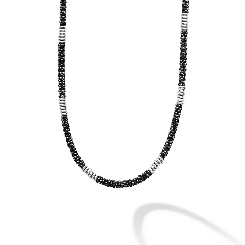 minimalist gold necklaces for women-Black Caviar Black Silver Station Ceramic Beaded Necklace