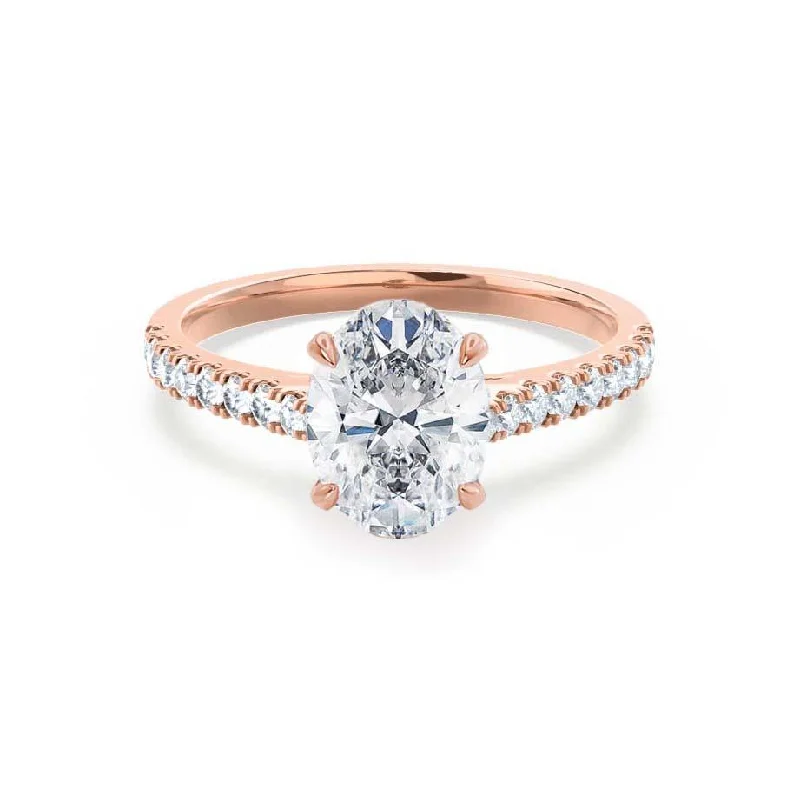 round diamond engagement rings for women-VIOLA - Oval Moissanite & Diamond 18k Rose Gold Shoulder Set Ring