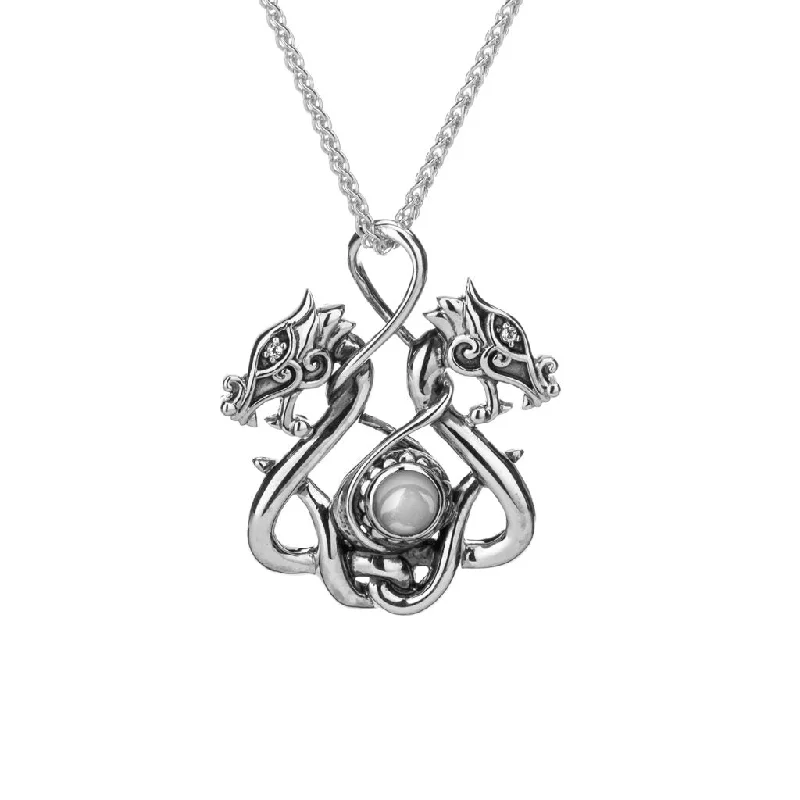 layered necklaces for women-Silver Double Headed Dragon Pendant - White Topaz